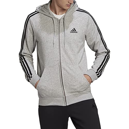 adidas Men's Essentials French Terry 3-Stripes Full-Zip Hoodie, Medium Grey Heather/Black