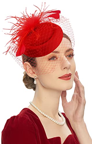 Cizoe Fascinators Hats 20s 50s Hat Pillbox Hat Cocktail Tea Party Headwear with Veil for Girls and Women(B-red)