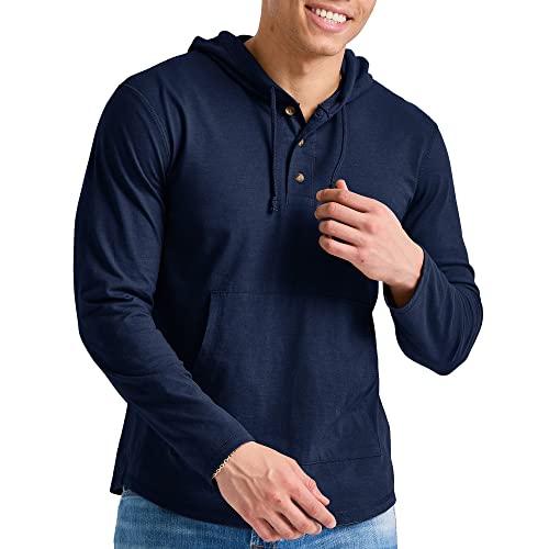 Hanes Men's Originals Tri-Blend Jersey, T-Shirt Hoodie with Henley Collar, Athletic Navy PE Heather, Large