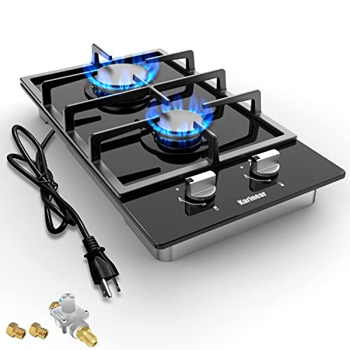 Karinear Tempered Glass Gas Cooktop, 12 In Gas Stove Top Gas Cooktop 2 Burners, Built-in Gas Hob Suitable for Dual Fuel LPG/NG, Thermocouple Protection, Easy Clean, indoor Gas stove for Apartment,110V