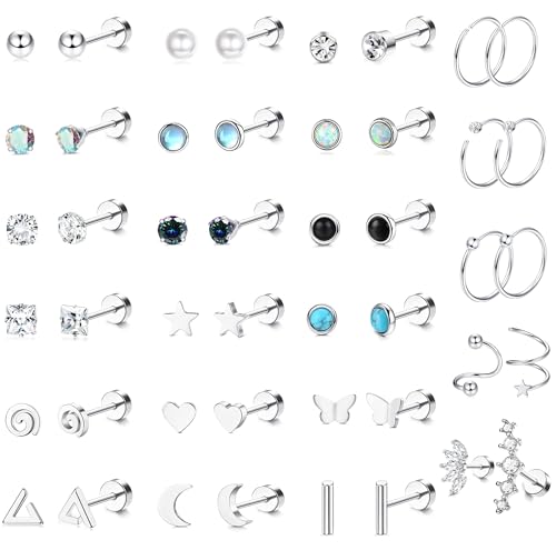 SAILIMUE 23Pairs Surgical Steel Flat Back Stud Earrings For Women Men Hypoallergenic 20G Tiny Cartilage Earrings Stud Hoops Small CZ Star Moon Heart Opal Helix Tragus Daith Earrings Piercing Jewelry
