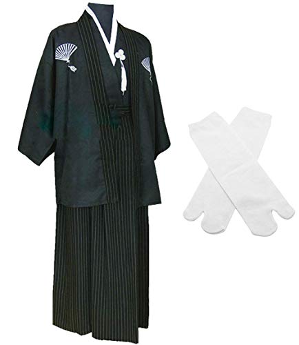 Japanese Kimono Samurai Hakama Bushi Mens Uniform with Tabi Socks Set(CHF010) Black L