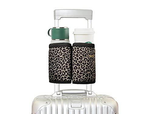 riemot Luggage Travel Cup Holder Free Hand Drink Carrier - Hold Two Coffee Mugs - Fits Roll on Suitcase Handles - Gifts for Flight Attendants Travelers Accessories Leopard
