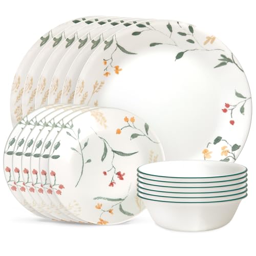 Corelle Vitrelle 18 Piece Glass Dinnerware Sets, Service for 6, Triple Layer Chip & Crack Resistant Glass Plate and Bowl Sets, Wildflower