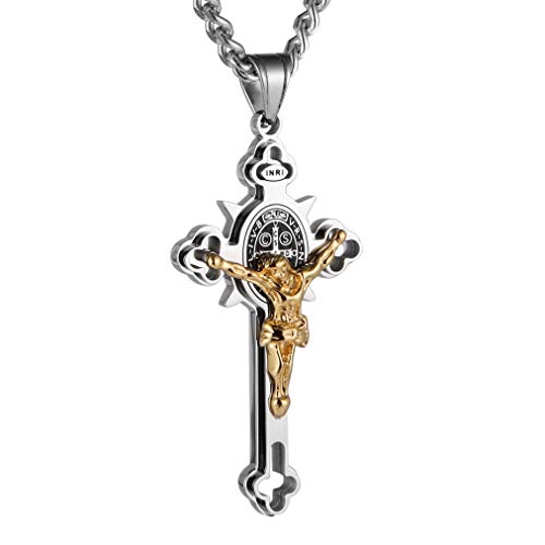 HZMAN Stainless Steel Saint St St. Benedict Crucifix Cross Pendants Necklace INRI (Large Silver & Gold)