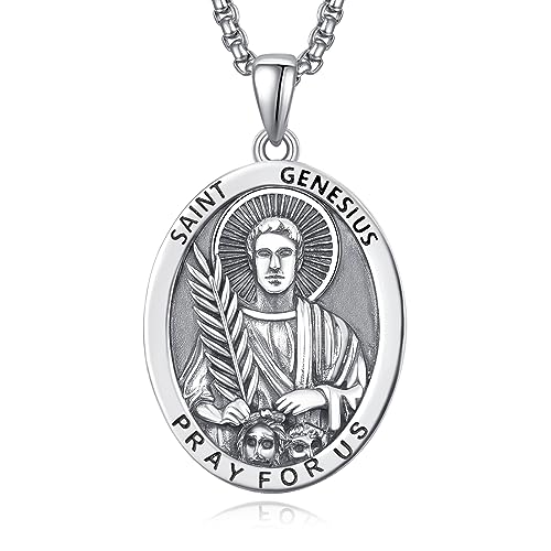 ADMETUS St Genesius Necklace Sterling Silver Saint Genesius Pendant Necklace St. Genesius Medal Protection Jewelry Religious Gifts for Men
