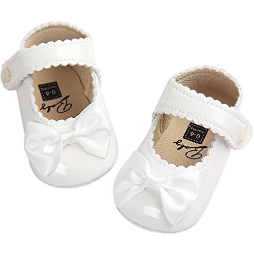 Fire Frog Baby Girls Mary Jane Burnish Pu Leather Bowknot Princess Prewalker Christening Baptism Shoes White