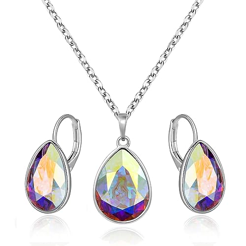XUPING Birthstone Jewelry Set Necklace and Earrings Teardrop Pendant Crystal Set Gift for Women Wedding Party Accessories（Aurora Borealis）