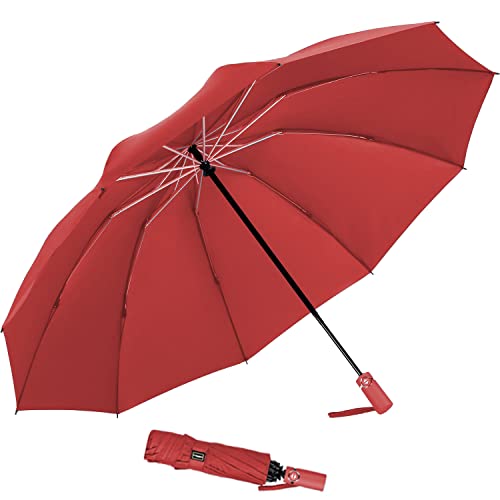 LANBRELLA Umbrella Reverse Umbrella Windproof Compact Folding Large Size Auto open close 10 ribs - Red 54 INCH