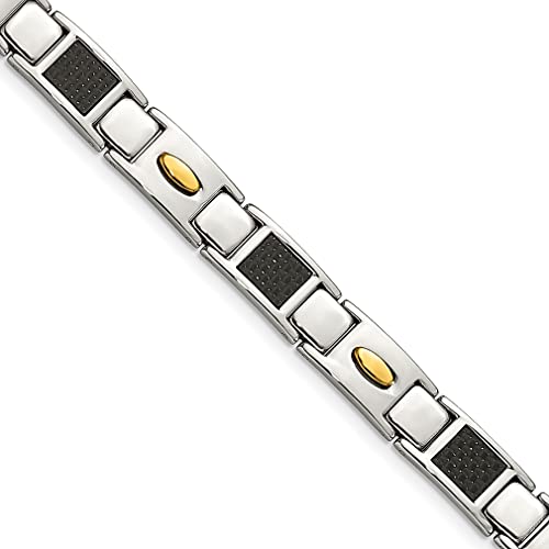 ICE CARATS Stainless Steel Yellow Black Carbon Fiber Inlay 8.5 Inch Link Chain Bracelet Contemporary Men Fashion Jewelry for Dad Mens Gifts for Him