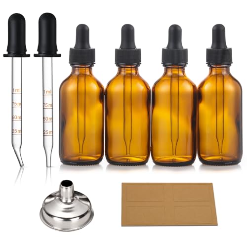 4 Pack, 2 oz Dropper Bottles with 2 Extra 1mL Calibrated Glass Droppers & 1 Funnel & 4 Labels - 60ml Thick Dark Amber Glass Tincture Bottles with Eye Droppers - Leakproof Essential Oils Bottles