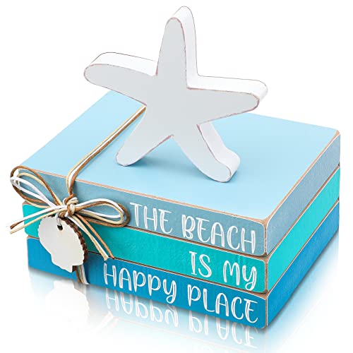 4 Pieces Beach Wooden Decor Beach Tiered Tray Decor Mini Wood Book Stacks Beach Wooden Book Rustic Farmhouse Decor Decorative with Starfish Shell Tag for Tiered Tray Decor