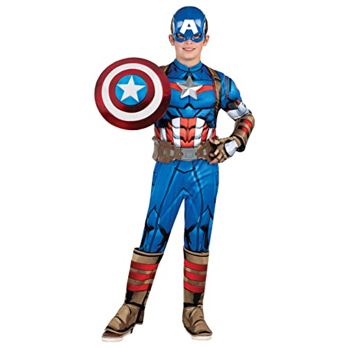 MARVEL’S CAPTAIN AMERICA HALLOWEEN COSTUME FOR KIDS - Deluxe Muscle Jumpsuit w/Printed Design + 3D Headpiece, Gloves & Shield