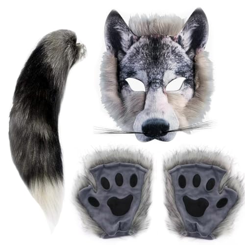 Valpeak Unleash Your Inner Wolf with Our Therian Wolf Mask, Tail, and Paw Set(Wolf three-piece set)