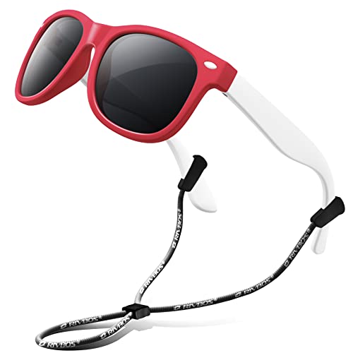 RIVBOS Kids Sunglasses for Girls Boys with Strap Polarized UV Protection Flexible Rubber Shades RBK004-2 Red