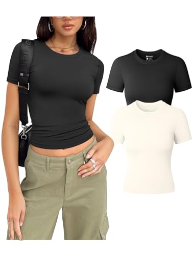 OQQ Womens 2 Piece Short Sleeve Shirts Crew Neck Stretch Fitted Basic Crop Tops Black Beige