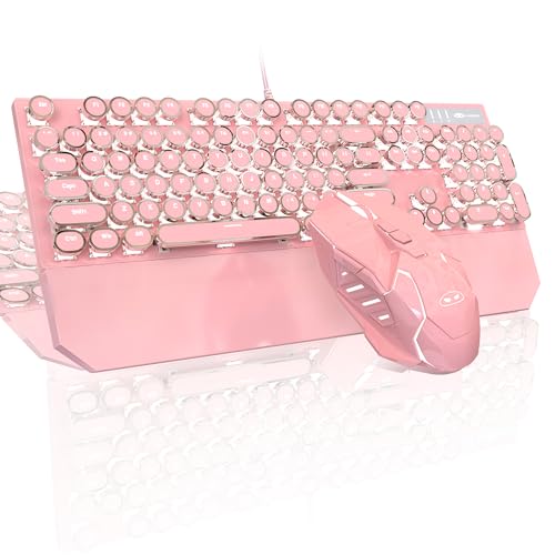 Typewriter Mechanical Gaming Keyboard and Mouse Combo, Retro Punk Round Keycaps White LED Backlit USB Wired Computer Keyboard for Game and Office, for Windows Laptop PC, Red Switches(Pink)