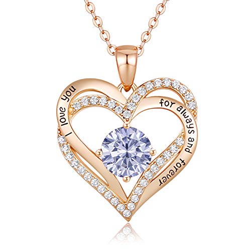 CDE Forever Love Heart Women Necklace 925 Sterling Silver Rose Gold Plated Birthstone Pendant Necklaces for Women with Cubic Jewelry Gifts Birthday Gift for Mom Women Wife Girls Her