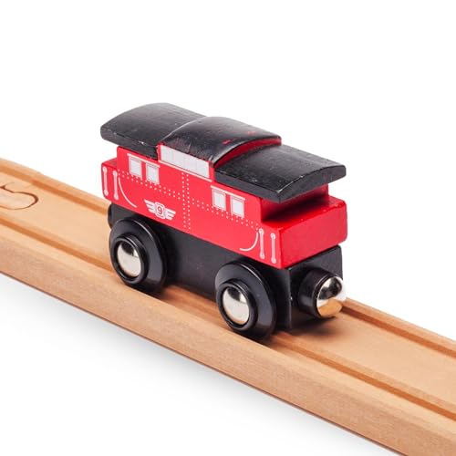 maxim enterprise, inc. Wooden Train Caboose, Rolling Caboose Car with Magnetic Connector, Brightly Painted Red Wooden Car, Compatible with Thomas & Friends, BRIO, and Major Brand Wooden Railways