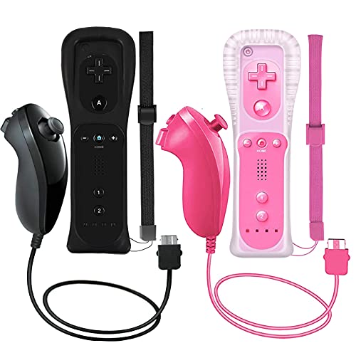 ZeroStory 2 Packs Wireless Controller and Nunchuck for Wii and Wii U Console, Gamepad with Silicone Case and Wrist Strap (Black and Pink)