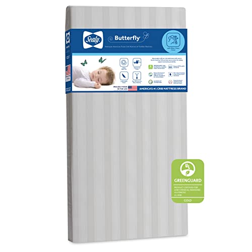 Sealy Butterfly Premium Foam Baby Crib Mattress & Toddler Bed Mattress, Hypoallergenic Wipe-Clean Waterproof Encasement Crib Mattress Cover, GREENGUARD GOLD Certified, Made in USA, 52'x28' - White