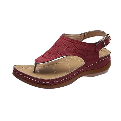Shengsospp Women's Wedge Platform Sandals With Embroidered Flops Flip Sandal Comfortable Foam Slides Lightweight Thick Sole Non-Slip 14_Red, 6.5-7