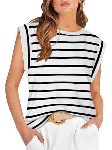 WIHOLL Sleeveless Tops for Women Summer Outfits Cute Womens Tops 2024 Trendy Dressy Casual Tank Top Black White Striped Shirts Cap Sleeve Tee L