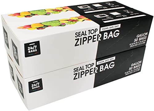 24/7 Bags | Double Zipper Storage Bags, Gallon Size, 200 Count (4 Packs of 50) Easy Open Tabs On The Go