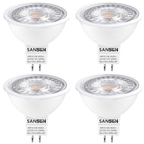 SANSUN 5W MR16 LED Bulbs, 12V 50W Replacement, GU5.3 Bi-Pin Base, Soft White 3000K, Non-Dimmable, (Pack of 4)