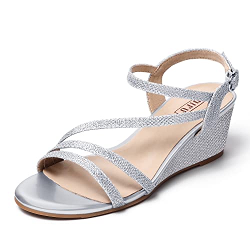IDIFU Women's Wedge Heel Sandal Dress Low Strappy 2 Inch Open Toe Wedding Bridal Shoes for Woman Ladies Evening Formal(Silver Glitter, 8 M US)