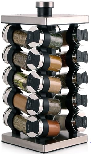 Orii 20 Jar Spice Rack with Spices Included - Tower Organizer for Kitchen Spices and Seasonings, Free Spice Refills for 5 Years (Silver Black)