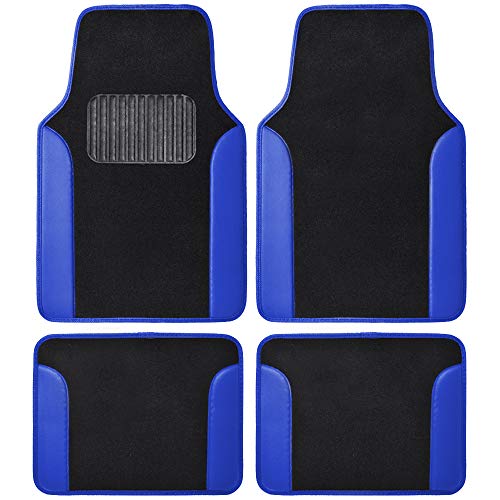BDK Floor Mats for Cars, Two-Tone Carpet Car Floor Mats with Faux Leather Accents, Automotive Floor Mat Set with Built-In Heel Pad, Stylish Interior Car Accessories (Blue)