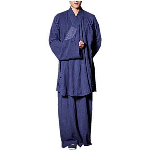 ZanYing Zen Clothing Sets Monk Buddhist Outfit Long Shirt Wide Leg Pants (L, Blue)