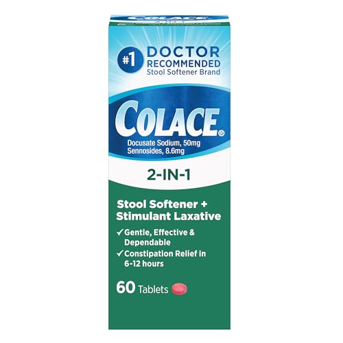 Colace 2-In-1 Stool Softener Plus Stimulant Laxative for Gentle Effective Constipation Relief, Docusate Sodium Plus Sennosides, 60 Count