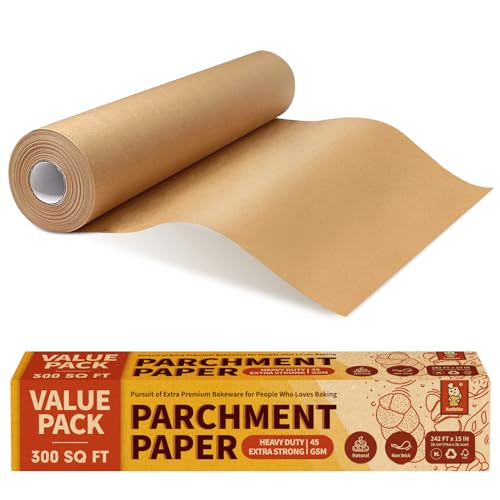 Katbite 15in x 242ft, 300 Sq.Ft Unbleached Parchment Paper Roll for Baking, Parchment Baking Paper with Serrated Cutter, Non-stick Longer Parchment Roll for Cooking, Air Fryer, Steaming, Bread