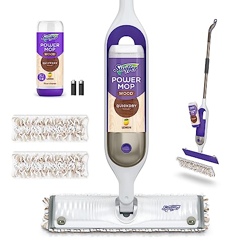 Swiffer PowerMop Wood Mop Kit for Wood Floor Cleaning, Quickdry Solution with Lemon Scent, Mopping Kit Includes PowerMop Wood, 2 Mopping Pad Refills