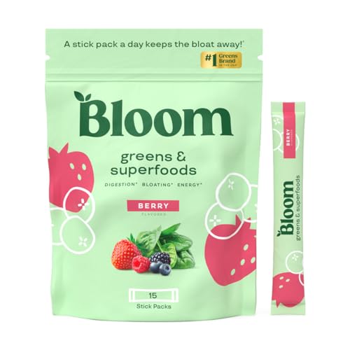 Bloom Nutrition Greens and Superfoods Powder Packets for Digestive Health, Greens Powder, Digestive Enzymes, Probiotics, Spirulina, Chlorella for Bloating & Gut Support, Green Juice, 15 Stick, Berry