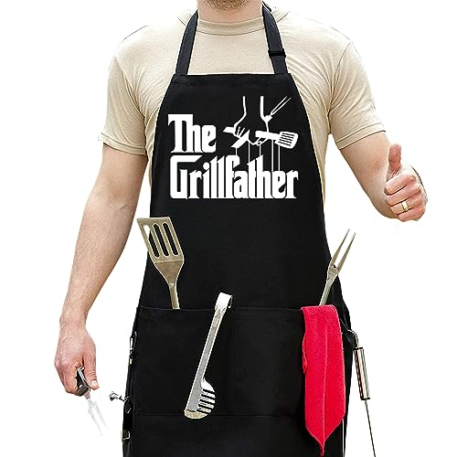 Funny Aprons for Men - Adjustable Large 1 Size Fits All - Poly/Cotton Apron with 2 Pockets - BBQ Gift Apron for Dad, Father, Husband, Chef… (Grillfather)