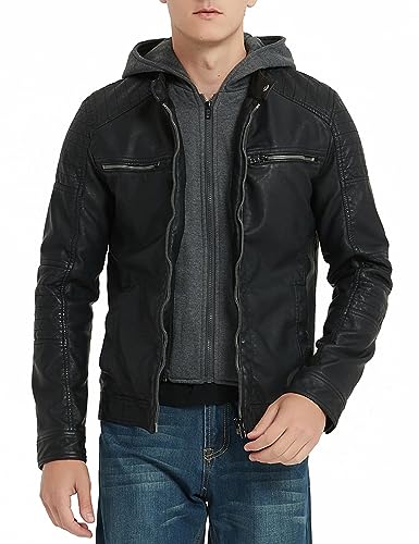 RISISSIDA Men Faux Leather Jacket with Hood,Motorcycle Biker Vegan Pleather Zip Up Coat Black 1899 L