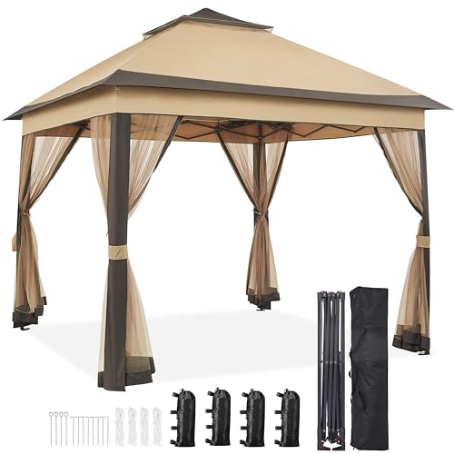 Yaheetech 11x11 Pop Up Gazebo Outdoor Canopy Shelter, Instant Patio Gazebo Sun Shade Canopy Tent with 4 Sandbags, Double Tiers & Mesh Netting for Lawn, Garden, Backyard & Deck, Khaki