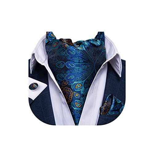 DiBanGu Blue Ascot Ties for Men Cravat Tie and Pocket Square Set Jacquard Silk Ascot Paisley Cravat for Men
