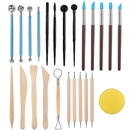 RUBFAC Polymer Clay Tools, Clay Tools Kit, 24pcs Clay Sculpting Tools Set with Stylus and Rock Painting Kit - Air Dry Clay Modeling Tools for Pottery and Sculpture