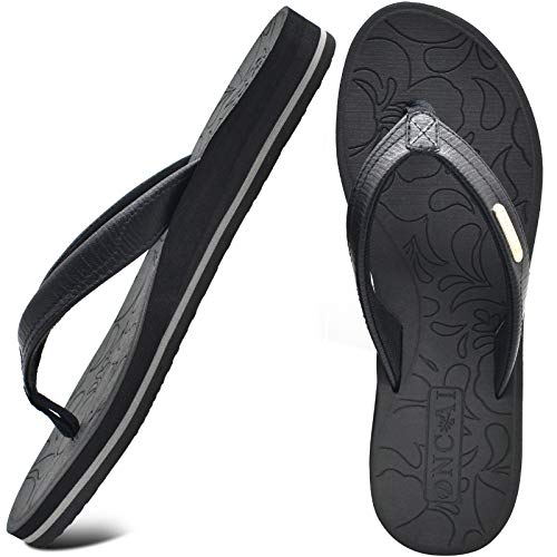 ONCAI Flip Flops For Women Yoga Mat Non-Slip Thong Sandals Summer Beach Slippers With Arch Support Black Size 7