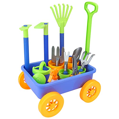 deAO Kids Garden Wagon Wheelbarrow and Gardening Tools Play Set Includes 10 Accessories and 4 Plant Pots,Great Outdoor Toddler Toys Kids Gardening Set