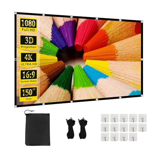 Projector Screen TOWOND 150 inch Projection Screen Indoor Outdoor Washable Anti-Crease 16:9 HD Rear Front Movies Screen for Home Theater Office