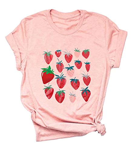 Ykomow Strawberry Tshirt Womens Cute Fruit Tshirt Feeling Berry Good Graphic Tees (L, Pink)