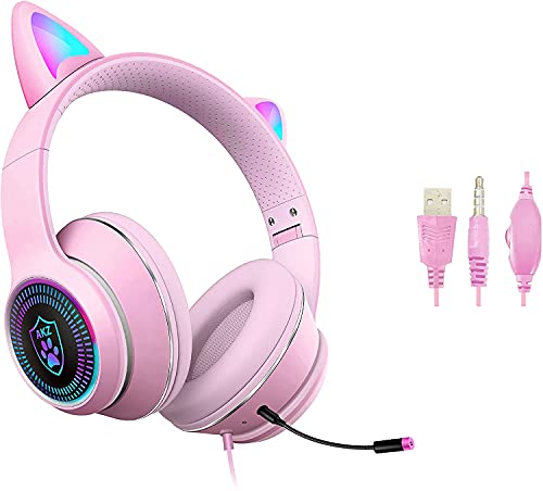 Zuri Sana Cat Ear Gaming Headphones Wired AUX 3.5mm with LED Light, Foldable Stereo Game Music Sound Over-Ear Headsets with Microphone Kids Adult Gift for PC, PS4, Switch, Cellphone, Pad, Laptop