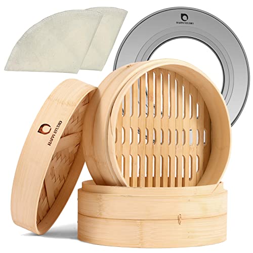 HAPPi STUDIO Bamboo Steamer Basket With Steamer Ring - 10 inch Dumpling Steamer Basket - Large Bamboo Steamer for Cooking Bao Buns, Dim Sum - Chinese Steamer Bamboo Steam Basket - Steaming Basket