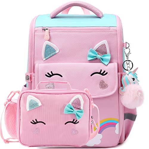 AO ALI VICTORY Unicorn Backpack for Girls with Lunch Box Set Kawaii Kids Toddler Bookbags Cute Kindergarten Preschool Elementary School Bag (Large, Pink Set -2 PCS)