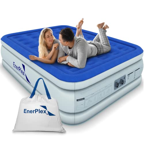 EnerPlex Queen Air Mattress with Built-in Pump - 18 Inch Double Height Inflatable Mattress for Camping, Home & Portable Travel - Durable Blow Up Bed with Dual Pump - Easy to Inflate/Quick Set Up﻿